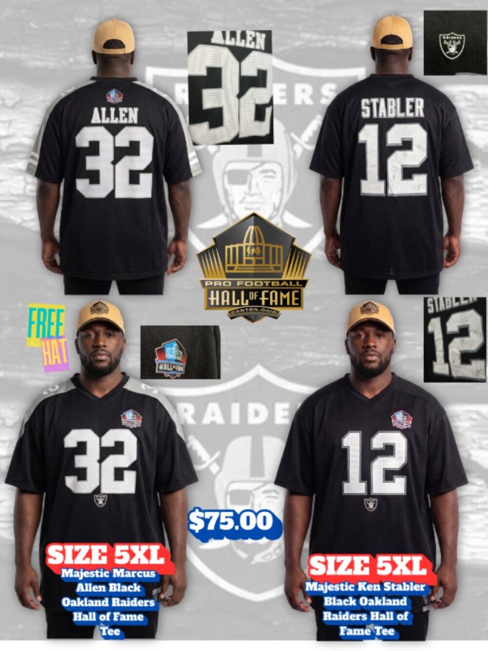 Oakland Raiders Hall of Fame Tee Shirt Duo Set w/ Free HOF Hat